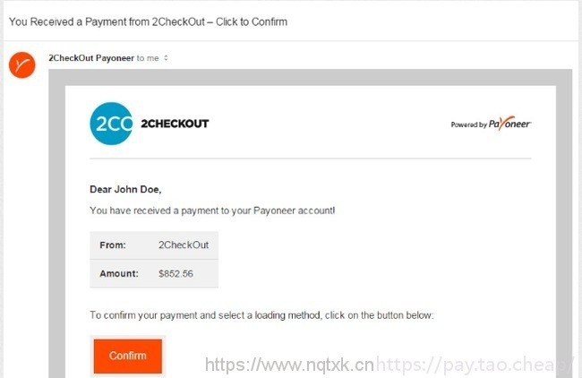 Payoneer接受2Checkout下发的资金